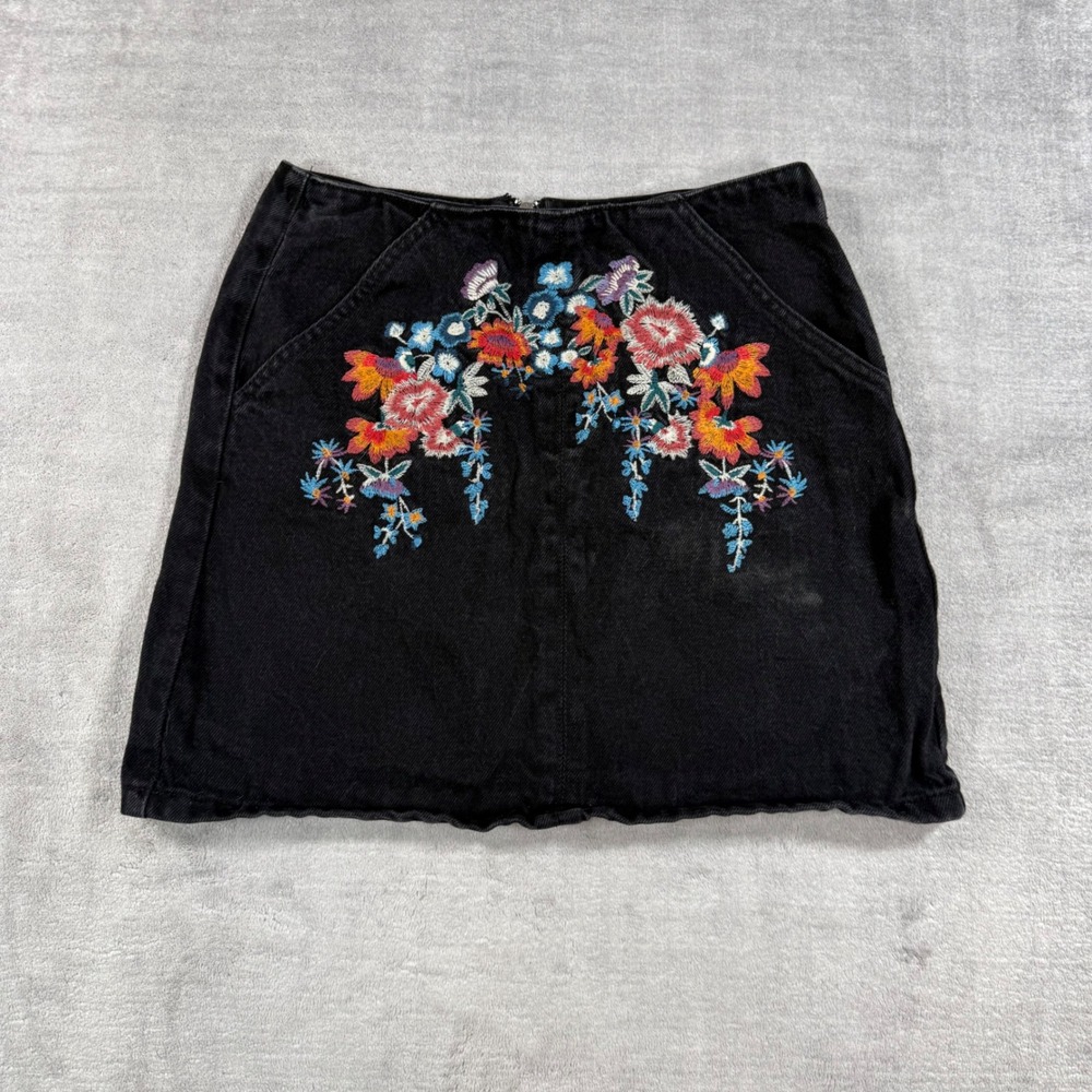 Topshop Skirt Womens 4 Black Moto Mini Floral Embroidered Denim Y2K Boho